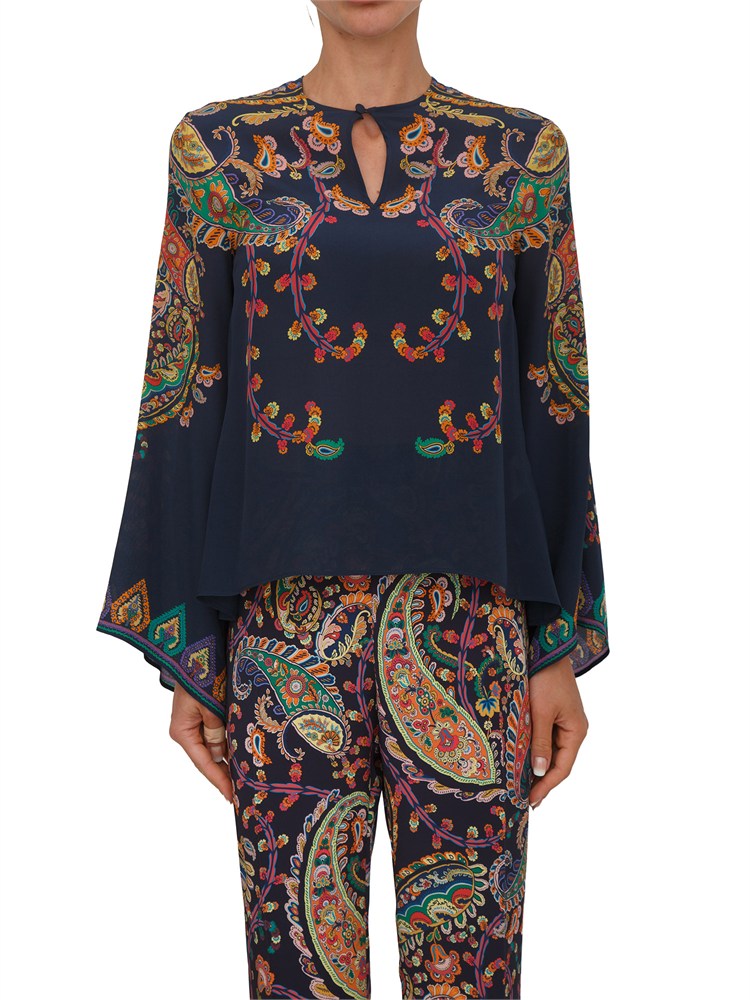 Blusa Etro donna in pura seta blu stampa Paisley