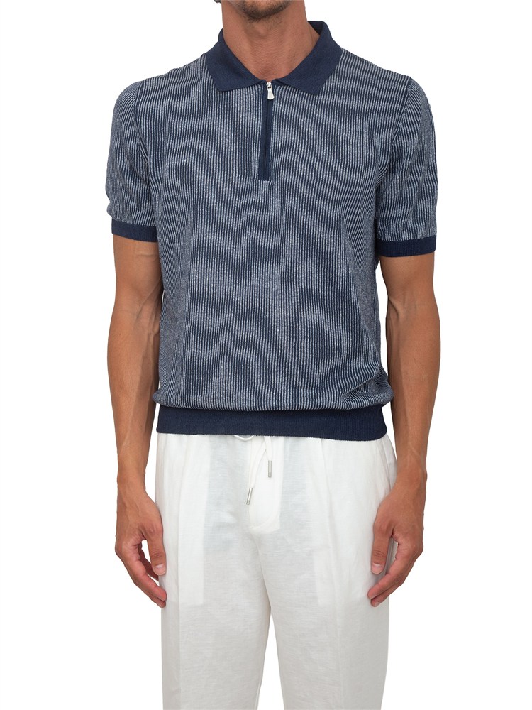 Polo zip Gran Sasso uomo in maglia blu millerighe