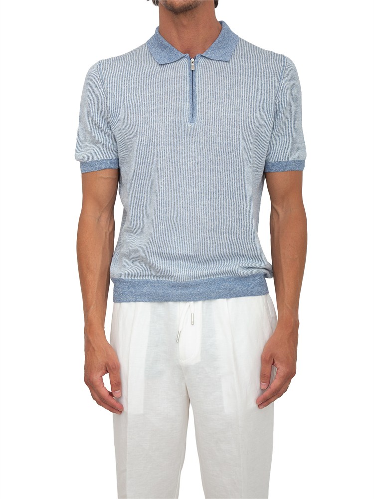 Polo zip Gran Sasso uomo in maglia azzurra millerighe