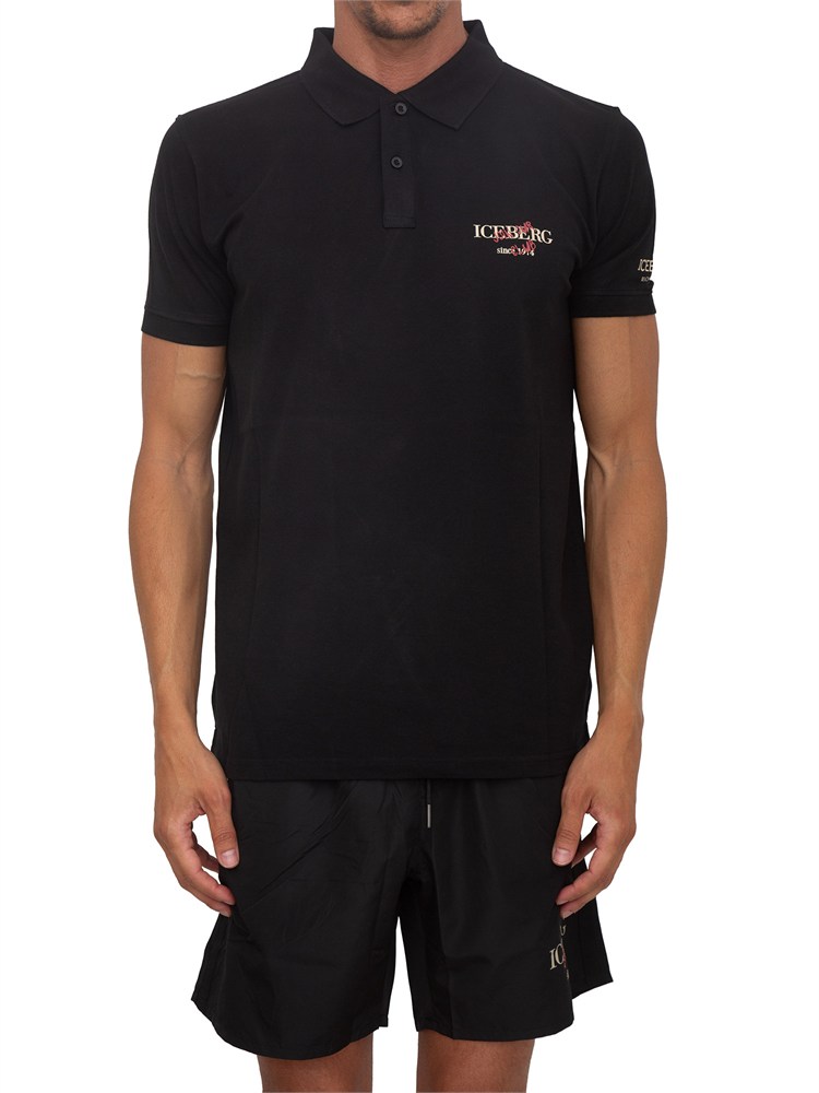 Polo nera Iceberg Beachwear uomo in cotone con logo