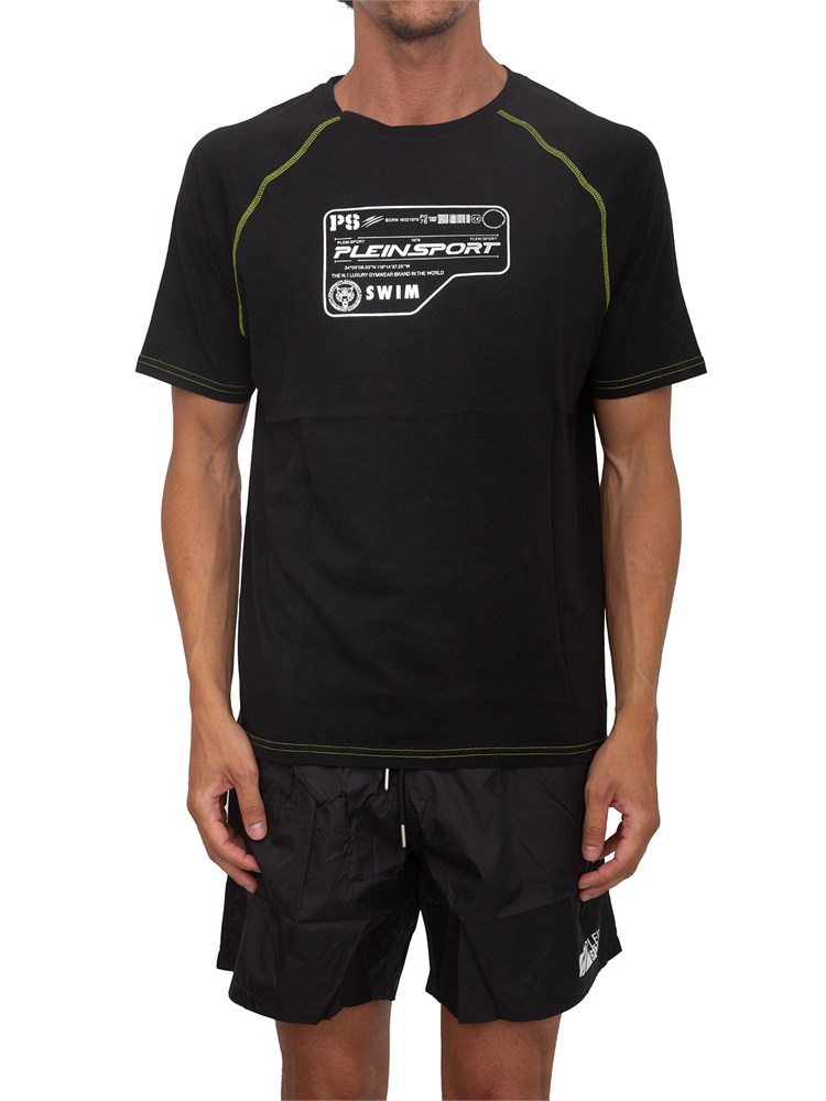 T-shirt nera Plein Sport Swim uomo logo e cuciture a contrasto