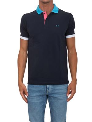 Polo SUN68 in piquet di cotone blu con profili in UOMO