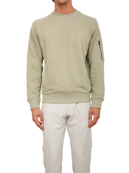 felpa boss uomo in misto cotone verde con tasca e zip su manica we mixed50543458