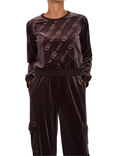 felpa girocollo liu jo donna in ciniglia marrone logo all over tf5109j4955