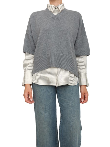 maglia marella manica corta scesa con scollo v in misto lana grigia goletta