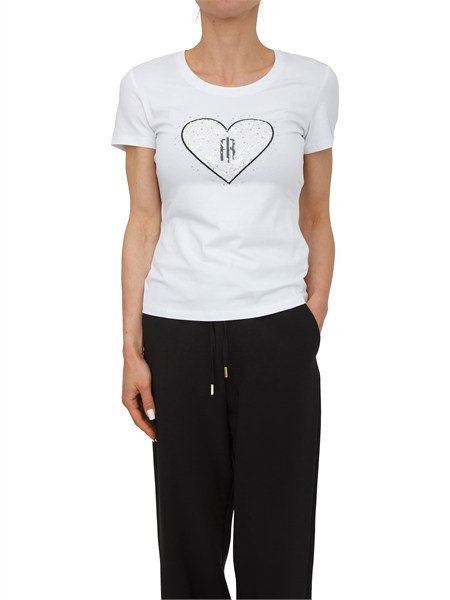 t shirt bianca fracomina in cotone con ricamo e strass logo a cuore fr26st3002j401n5
