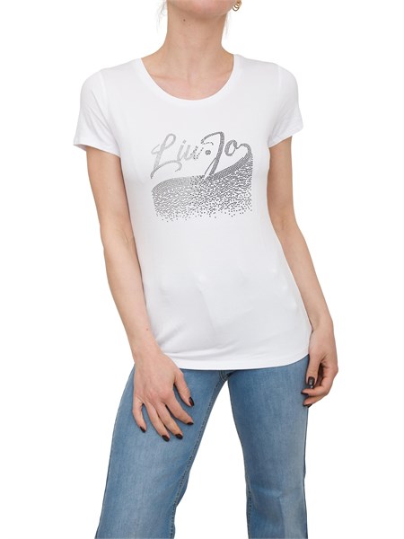 t shirt bianca liu jo con logo strass va5157js360