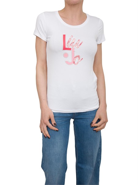 t shirt bianca liu jo con stampa logo e strass va5226js360