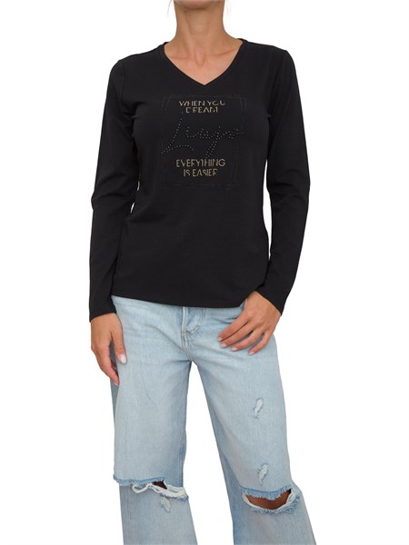 t shirt nera manica lunga liu jo donna con scollo v e logo lettering strass ta5169js003