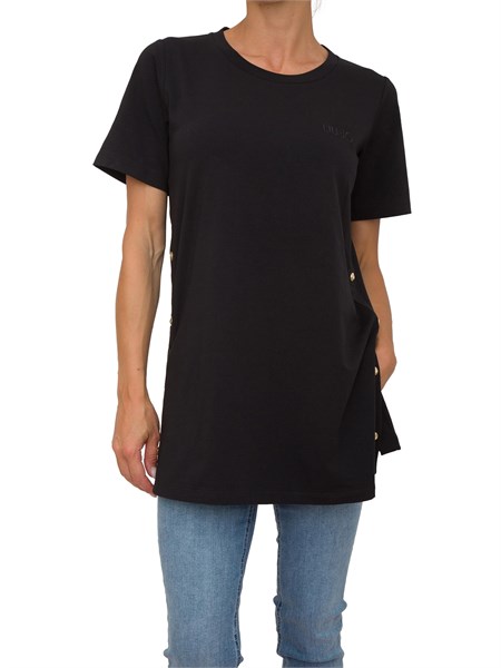 t shirt nera liu jo donna con spacchi laterali e bottoni dorati ta5255js088