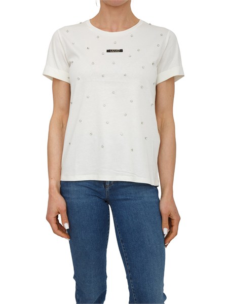 t shirt liu jo donna in cotone bianco panna con cristalli ta6157js923