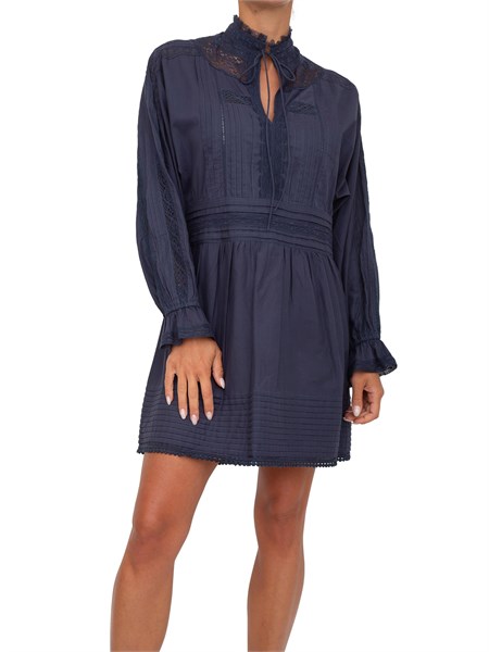abito corto twinset in mussola blu con ricami e inserti in pizzo 251tp2380