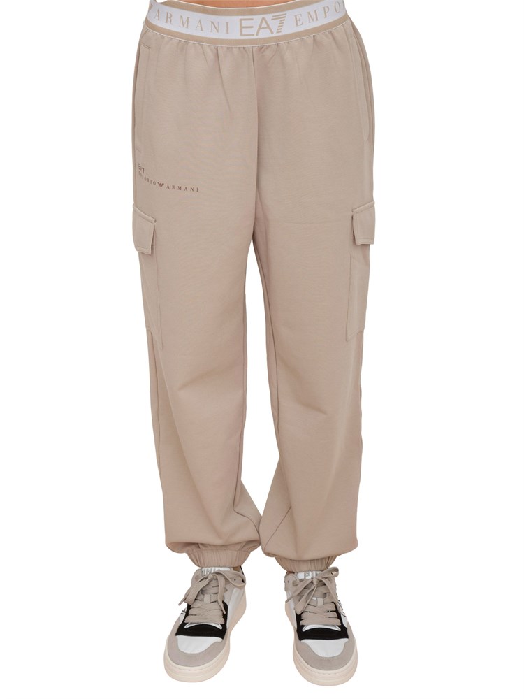 Pantaloni cargo EA7 Emporio Armani donna in tessuto tecnico beige con banda logo
