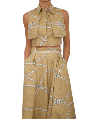 Camicia Elisabetta Franchi in cotone beige con stampa rafia e nastro in DONNA