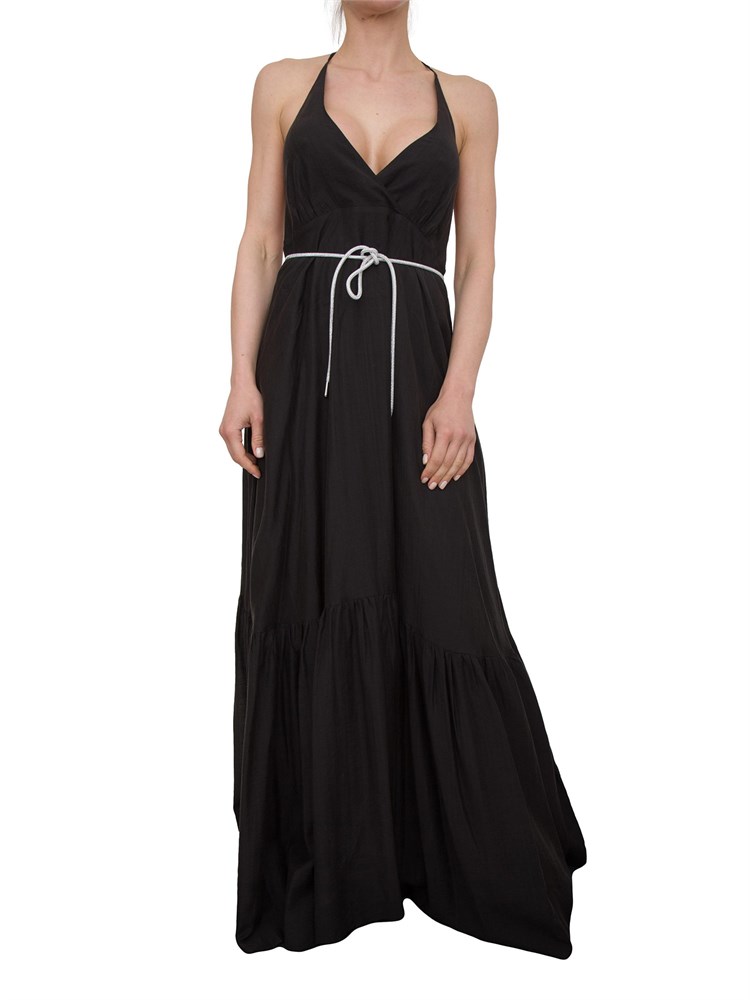 Abito lungo Blugirl in tencel nero con figura e cintura strass