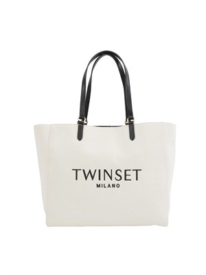 TWIN-SET Borsa a spalla Twinset in canvas color naturale e ricamo logo lettering in DONNA