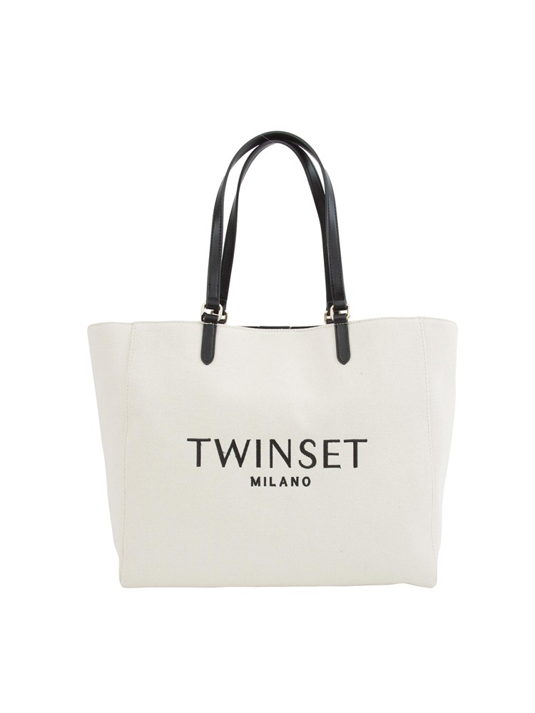 TWIN-SET Borsa a spalla Twinset in canvas color naturale e ricamo logo lettering