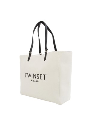 TWIN-SET Borsa a spalla Twinset in canvas color naturale e ricamo logo lettering in DONNA