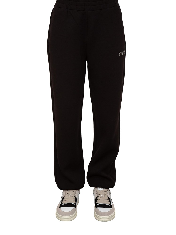 Pantalone jogger nero Guess Jeans donna con logo strass