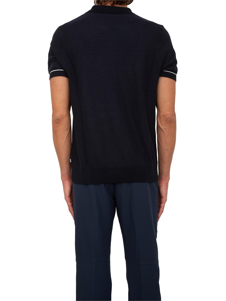 Maglia Boss in misto cotone blu con colletto Johnny