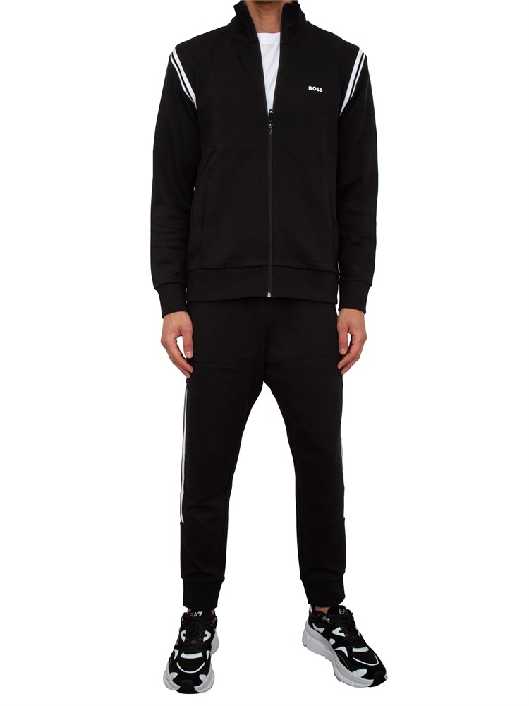 Tuta sportiva Boss nero in cotone elasticizzato con inserti a righe