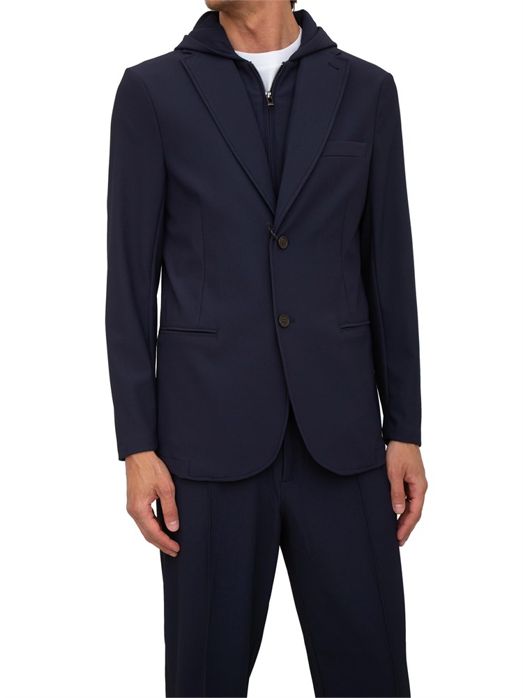 Giacca monopetto uomo Emporio Armani in nylon blu con davantino e cappuccio staccabili