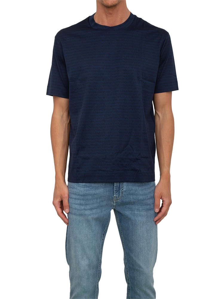 T-shirt uomo Emporio Armani in cotone blu con stampa logo lettering all-over