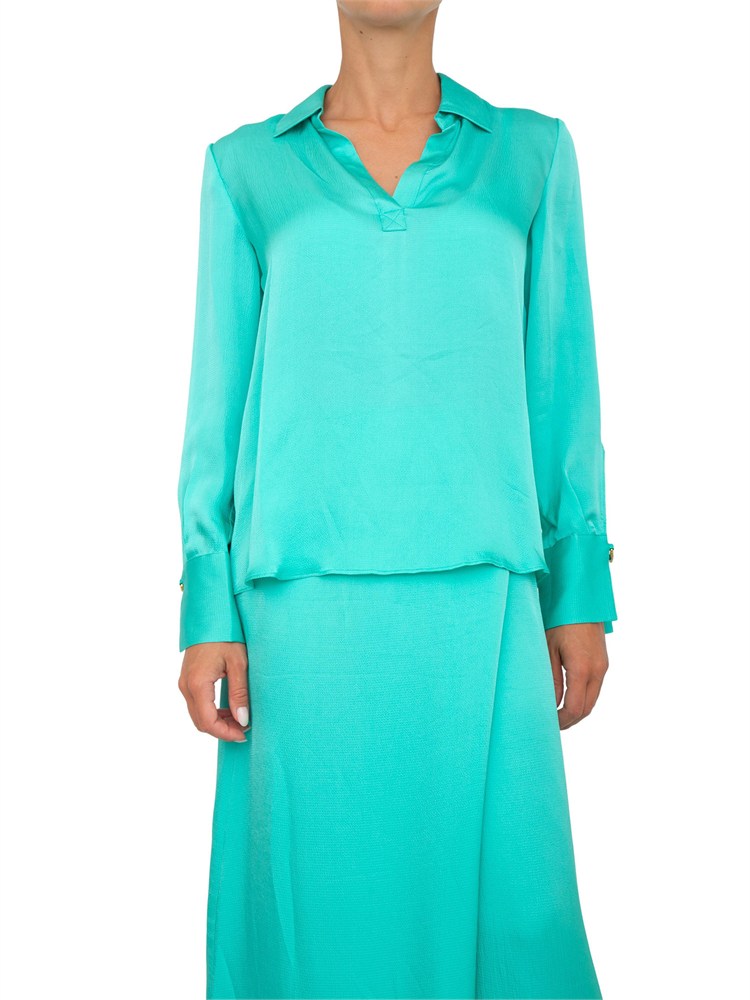 TWIN-SET Blusa verde acqua Twinset in raso martellato di viscosa con collo camicia