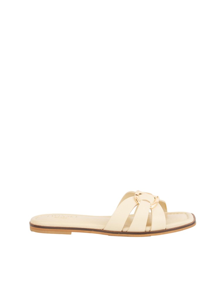 TWIN-SET Sandali slide Twinset in pelle avorio con Oval T