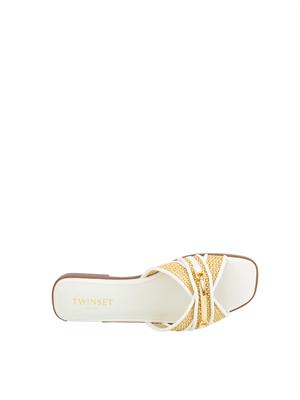 TWIN-SET Sandali slide Twinset in pelle bianca e rafia intrecciata con placca logo lettering in DONNA