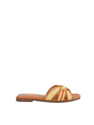 TWIN-SET Sandali slide Twinset in pelle marrone e rafia intrecciata con placca logo lettering in DONNA