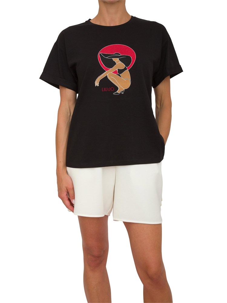 T-shirt nera Liu Jo donna con girocollo, maniche corte e stampa grafica con strass