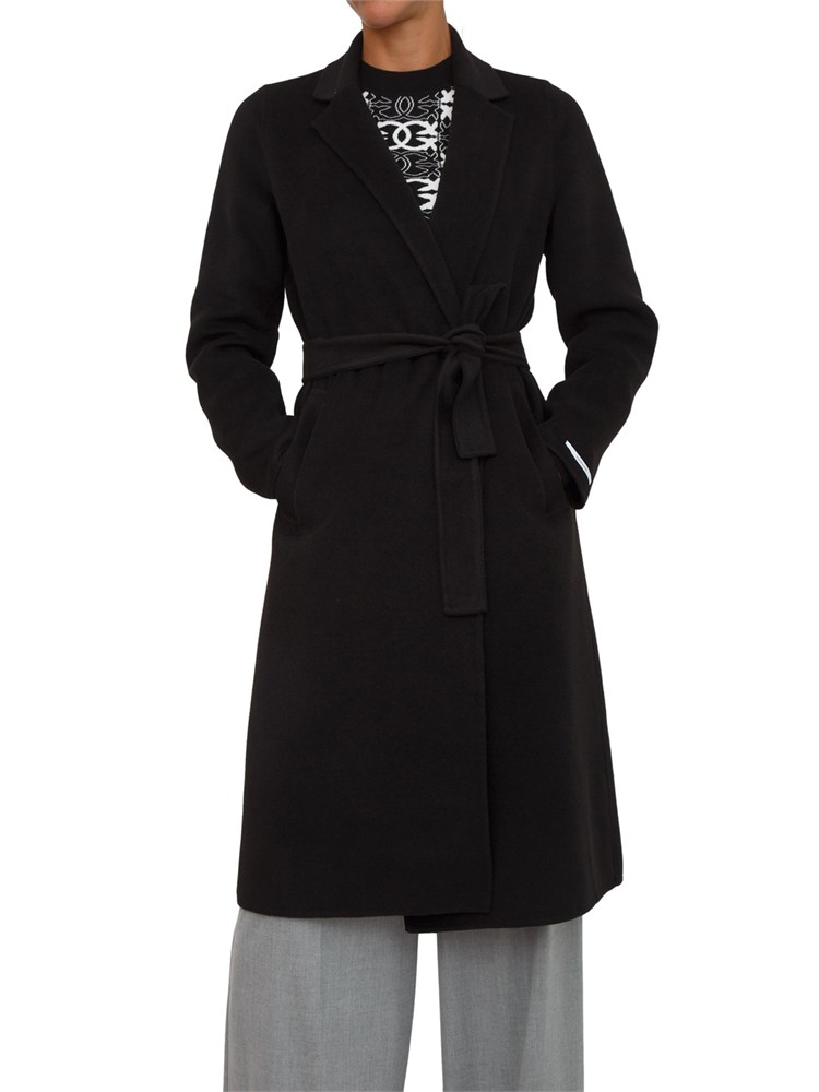 Cappotto Emme Marella in lana nera con cintura in vita