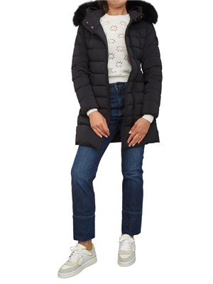 Piumino lungo blu in piuma naturale Peuterey con collo alto e pelliccia volpe removibile in DONNA