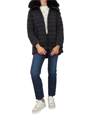 Piumino lungo con pelliccia Peuterey in piuma naturale e nylon leggero blu in DONNA