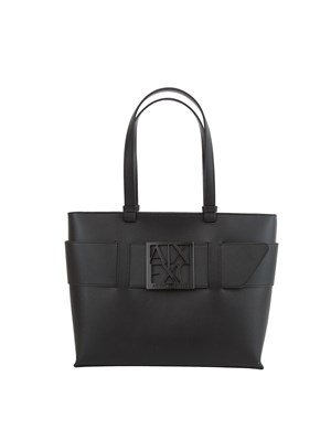 Borsa shopper media Armani Exchange con monogram tono su tono in ecopelle nera in DONNA