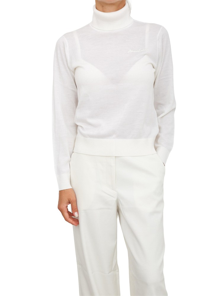 Maglia donna Armani Exchange in misto viscosa avorio con collo alto e logo ricamato