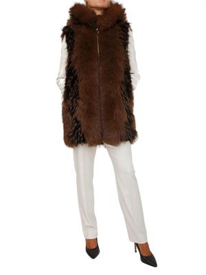 Pelliccia marrone ecologica Fracomina modello smanicato con cappuccio e zip centrale in DONNA
