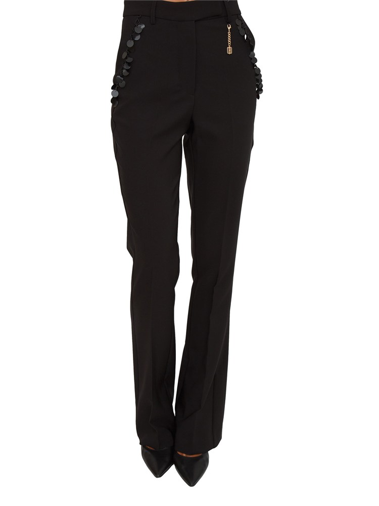 Pantalone bootcut Fracomina in jersey nero con paillettes sulle tasche