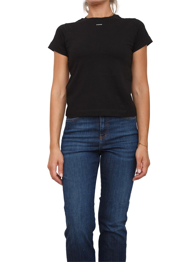 T-shirt Pinko in jersey di cotone nero con stampa logo a contrasto
