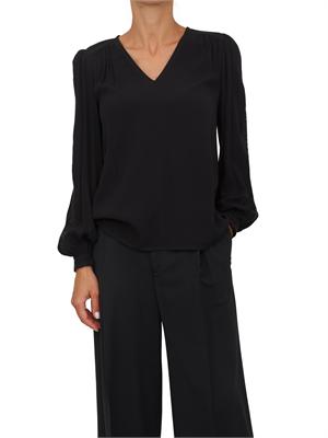 TWIN-SET Blusa Twinset in crêpe nera con ricamo su maniche a palloncino in DONNA