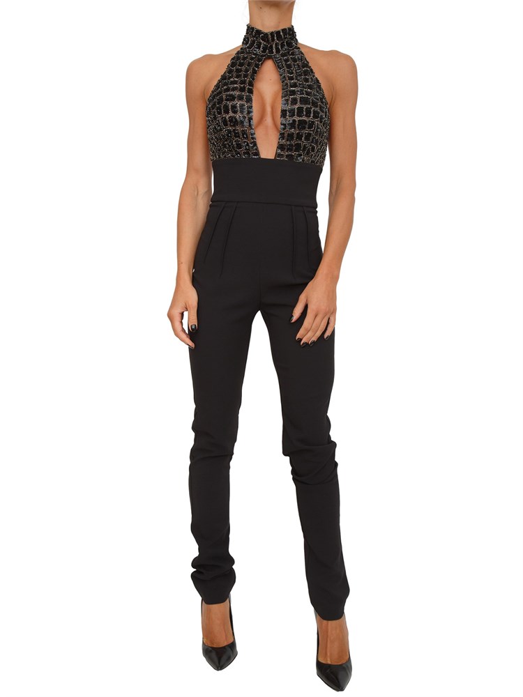 Tuta Elisabetta Franchi in crêpe nero e tulle con ricami cocco