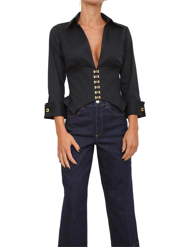 Camicia Elisabetta Franchi in cotone stretch nero con ganci gioiello