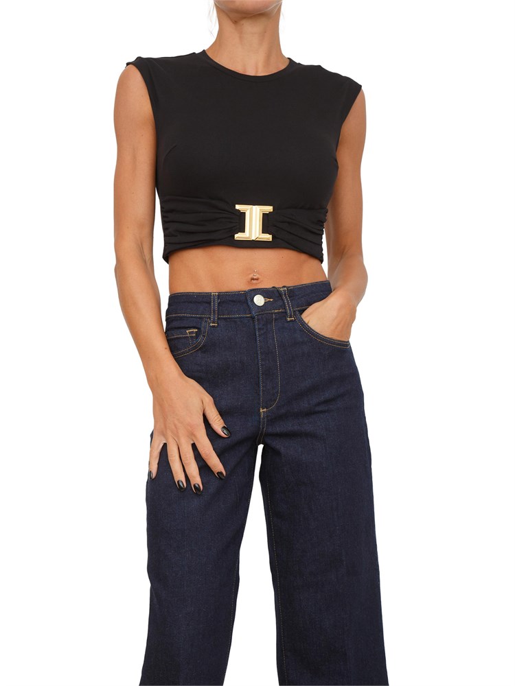 T-shirt Elisabetta Franchi in jersey di cotone nero con logo gioiello