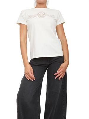 TWIN-SET T-shirt Twinset in jersey di cotone bianco panna con pizzo intarsiato in DONNA