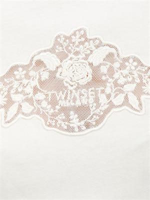 TWIN-SET T-shirt Twinset in jersey di cotone bianco panna con pizzo intarsiato in DONNA