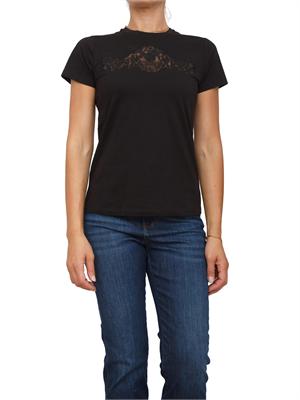 TWIN-SET T-shirt Twinset in jersey di cotone nero con pizzo intarsiato in DONNA