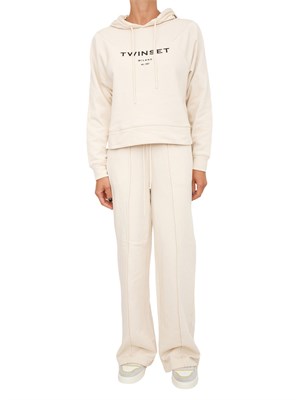 TWIN-SET Tuta sportiva Twinset felpa+pantaloni in jersey di cotone avorio con logo contrasto in DONNA
