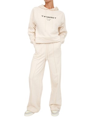 TWIN-SET Tuta sportiva Twinset felpa+pantaloni in jersey di cotone avorio con logo contrasto in DONNA