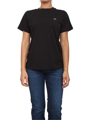 TWIN-SET T-shirt Twinset in jersey di cotone nero con placchetta Oval T strass in DONNA